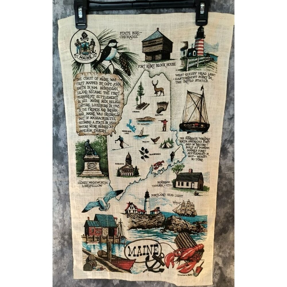 Vintage 1960s Linen Map Tea Towel Maine State Landmarks & History